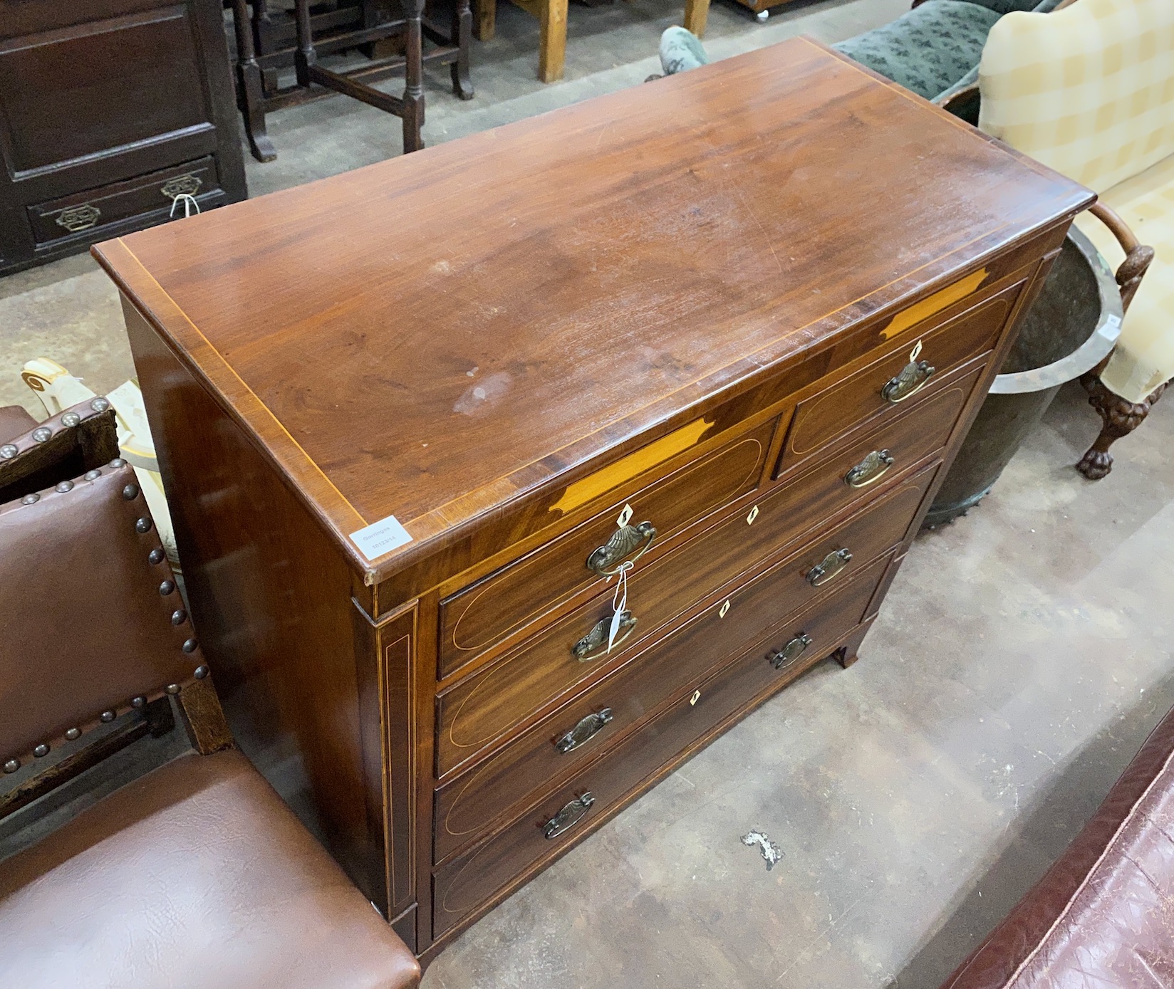 A George IV inlaid mahogany five drawer chest, width 110cm, depth 52cm, height 107cm